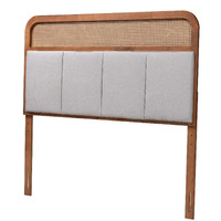 Baxton Studio Esti Mid-Century Modern Light Grey Fabric And Ash Walnut Finished Wood Queen Size Headboard With Rattan