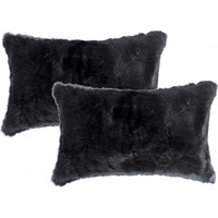Set Of Two 12"" X 20"" Black Rabbit Natural Fur Throw Pillows