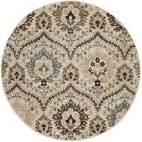 8' Round Ivory Gray And Olive Round Floral Stain Resistant Area Rug