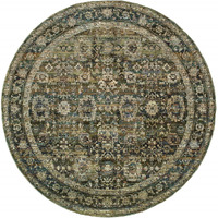 7' Round Green And Brown Floral Area Rug