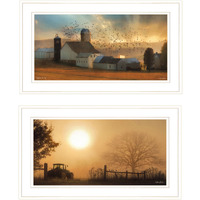 Set Of Two Farm Country Sunrise White Framed Print Wall Art