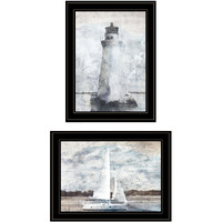 Set Of Two Lighthouse Sailboat Black Framed Print Wall Art