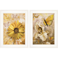 Set Of Two Yellow Flowers And Butterflies White Framed Print Wall Art