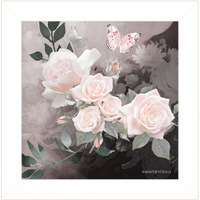 Pink Roses And Butterfly White Framed Print Wall Art