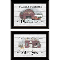 Set Of Two Farm Christmas Trees And Snow Black Framed Print Wall Art