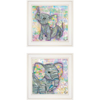 Set Of Two Whimsical Pastel Elephant White Framed Print Wall Art