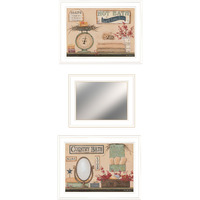 Set Of Three Wash Room White Rim Frame Bathroom Wall Art With Mirror