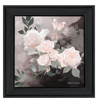Pink Roses And Butterfly Black Framed Print Wall Art
