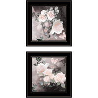 Set Of Two Pink Roses And Butterfly Black Framed Print Wall Art