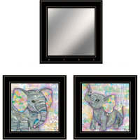 Set Of Three Whimsical Pastel Elephant  Black Framed Print Wall Art With Mirror