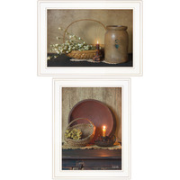 Set Of Two Candle Light And Flowers White Framed Print Wall Art