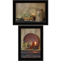 Set Of Two Candle Light And Flowers Black Framed Print Wall Art