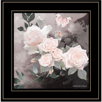 Pink Roses And Butterfly Black Double Rim Framed Print Wall Art