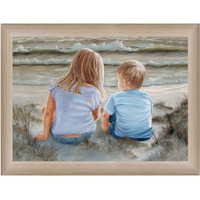 Boy And Girl Sitting In Dunes Brown Framed Print Wall Art