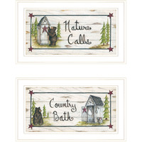 Set Of Two Whimsical Bear Nature Calls White Framed Bathroom Prints Wall Art