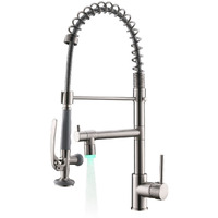 Double Handle LED Kitchen Sink Faucet With Pull Down Sprayer Single Hole Spring Modern Sink Tap in Brushed Nickel(D0102H5QUQ8)