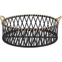 Set Of Two Black and Tan Round Bamboo Serving Tray With Handles