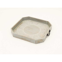 Set Of Two gray and White Octagon Solid Wood Paisley Handmade Serving Tray With Handles