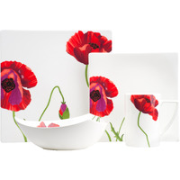 Red and White Six Piece Square Floral Bone China Service For Six Dinner Plate Set