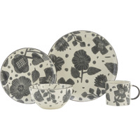 Gray and Ivory Sixteen Piece Round Floral Ceramic Service For Four Dinnerware Set