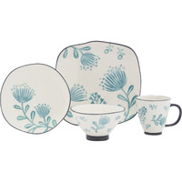 Blue and White Sixteen Piece Round Floral Ceramic Service For Four Dinnerware Set