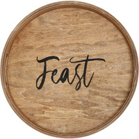 Decorative 13.75in. Round Wood Serving Tray w/ Handles, Feast