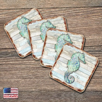 4 x 4 in. Seahorse Coastal Wooden Cork Coasters Gift - Set of 4