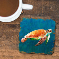 4 x 4 in. Sea Turtle Coastal Wooden Cork Coasters Gift - Set of 4