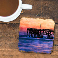 4 x 4 in. Pier at Sunset Coastal Wooden Cork Coasters Gift - Set of 4