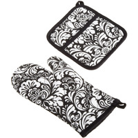 DII Black Damask Oven Mitt & Potholder Set