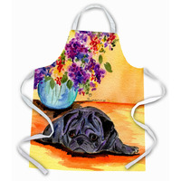 "Caroline's Treasures SS8298APRON Waiting for Mom Black Pug Apron, Large, Multicolor"
