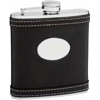 Leather Hip Flask Holding 6 oz - White Accent Stitching Design - Pocket Size, Stainless Steel, Rustproof, Screw-On Cap - Black Gift Box Included