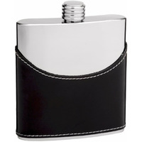 Cow Leather Hip Flask Holding 6 oz - Pocket Size, Stainless Steel, Rustproof, Screw-On Cap - Black and Mirror Polished Finish Perfect for Engraving