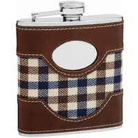 Faux Leather and Cloth Hip Flask Holding 6 oz - Plaid Golf Design - Pocket Size, Stainless Steel, Rustproof, Screw-On Cap