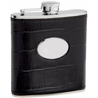 Leather Hip Flask Holding 6 oz - Eel Skin Pattern Design - Pocket Size, Stainless Steel, Rustproof, Screw-On Cap - Black Gift Box Included