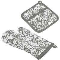 DII Gray Damask Oven Mitt & Potholder Set