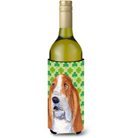 Basset Hound St. Patrick's Day Shamrock Portrait Wine Bottle Beverage Insulator Beverage Insulator Hugger