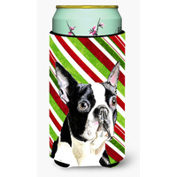 Boston Terrier Candy Cane Holiday Christmas  Tall Boy Beverage Insulator Beverage Insulator Hugger