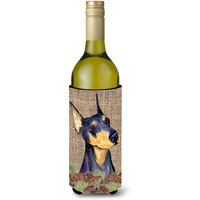 Doberman on Faux Burlap with Pine Cones Wine Bottle Beverage Insulator Beverage Insulator Hugger SS4085LITERK