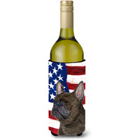 USA American Flag with French Bulldog Wine Bottle Beverage Insulator Beverage Insulator Hugger SS4003LITERK