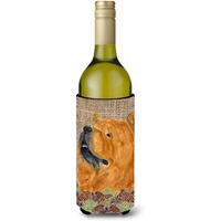 Chow Chow on Faux Burlap with Pine Cones Wine Bottle Beverage Insulator Beverage Insulator Hugger SS4091LITERK