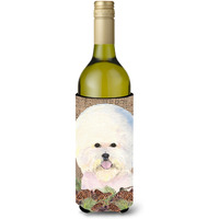 Bichon Frise on Faux Burlap with Pine Cones Wine Bottle Beverage Insulator Beverage Insulator Hugger