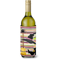 Witch Costume and Broom on Stripes Halloween Wine Bottle Beverage Insulator Beverage Insulator Hugger
