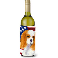 USA American Flag with Cavalier Spaniel Wine Bottle Beverage Insulator Beverage Insulator Hugger SS4012LITERK