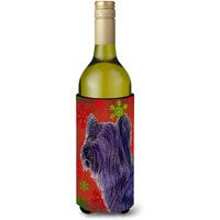 Skye Terrier Red Green Snowflake Holiday Christmas Wine Bottle Beverage Insulator Beverage Insulator Hugger