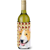Bull Terrier Fall Leaves Portrait Wine Bottle Beverage Insulator Beverage Insulator Hugger