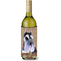 Schnauzer on Faux Burlap with Pine Cones Wine Bottle Beverage Insulator Beverage Insulator Hugger