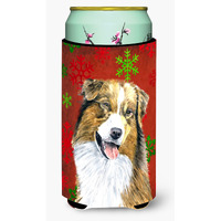 Australian Shepherd Red Green Snowflakes Christmas  Tall Boy Beverage Insulator Beverage Insulator Hugger