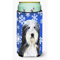 Bearded Collie Winter Snowflakes Holiday  Tall Boy Beverage Insulator Beverage Insulator Hugger
