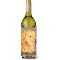 Golden Retriever on Faux Burlap with Pine Cones Wine Bottle Beverage Insulator Beverage Insulator Hugger